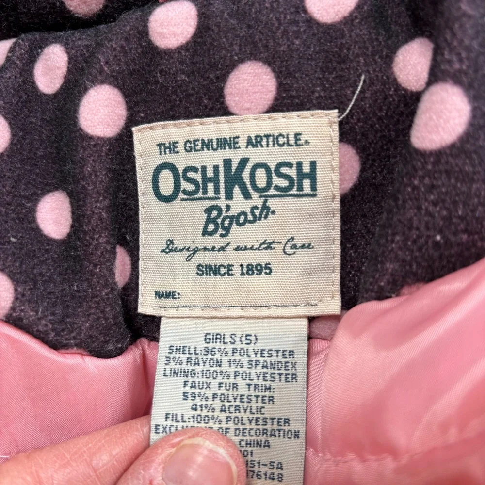 OshKosh B'gosh Girls Size 5 Polka‎ Dot Hooded Fleece Coat Jacket Pink Brown